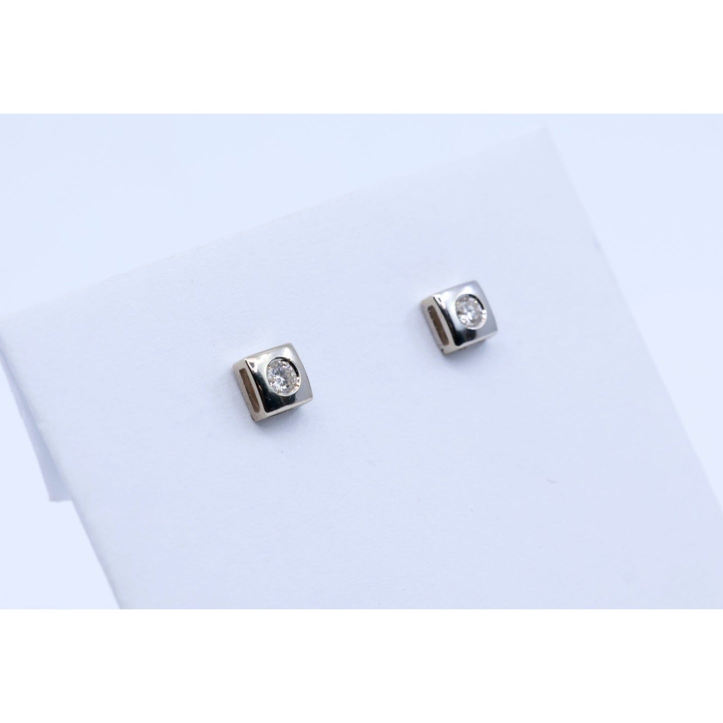 14K White Gold Round Cut Diamond Square Shaped Stud Screw Back Earrings