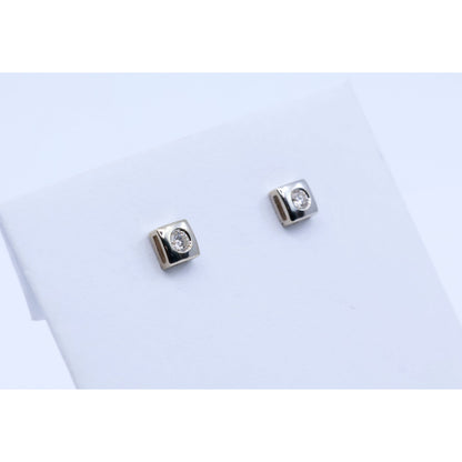 14K White Gold Round Cut Diamond Square Shaped Stud Screw Back Earrings