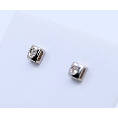 14K White Gold Round Cut Diamond Square Shaped Stud Screw Back Earrings