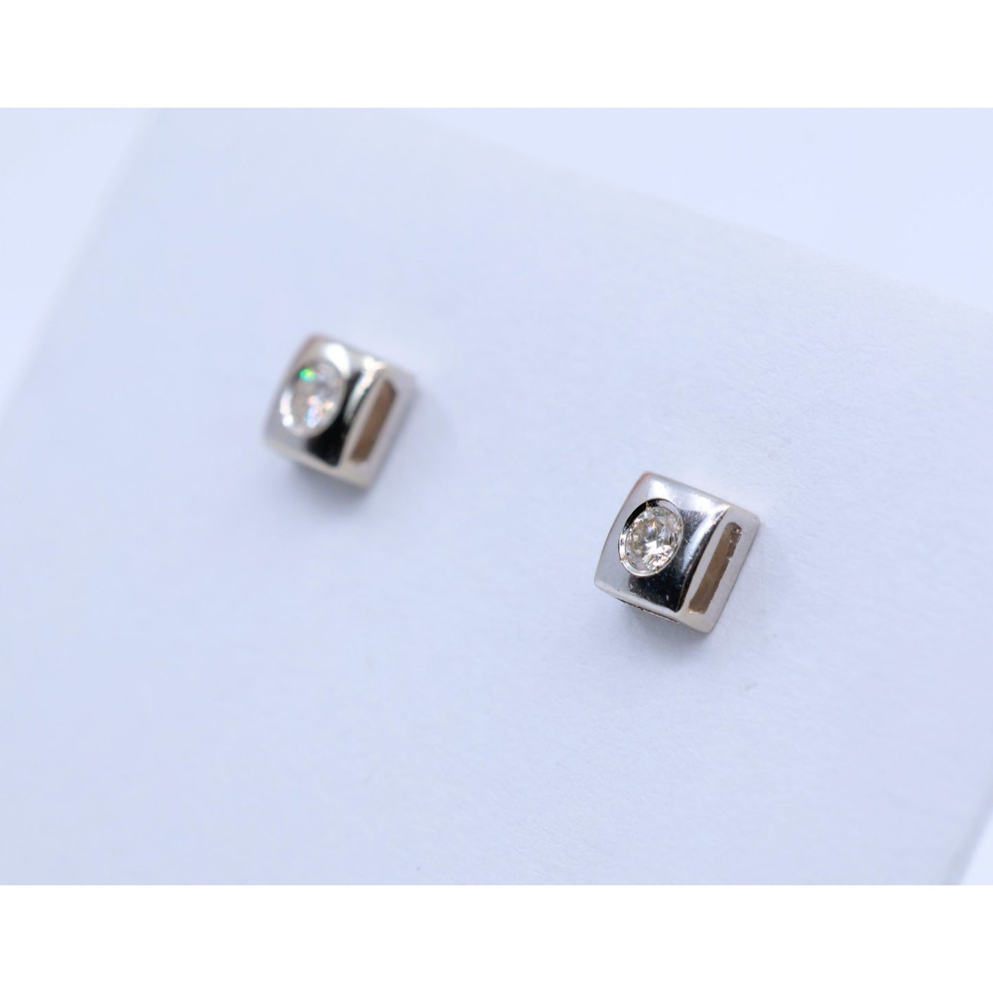 14K White Gold Round Cut Diamond Square Shaped Stud Screw Back Earrings