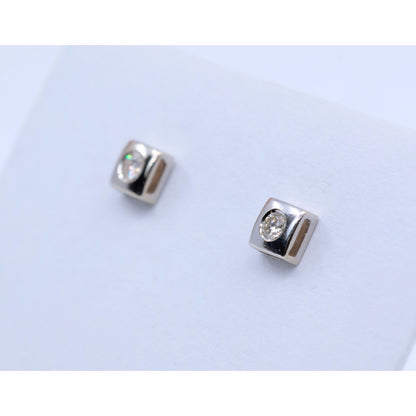 14K White Gold Round Cut Diamond Square Shaped Stud Screw Back Earrings