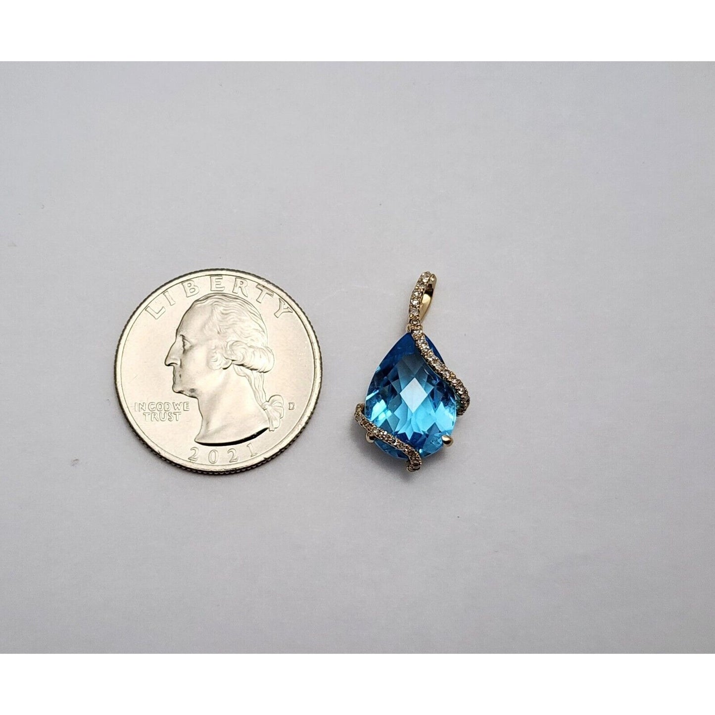 14K Yellow Gold Teardrop Blue Topaz & Diamond Drop Charm Pendant