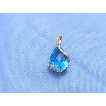 14K Yellow Gold Teardrop Blue Topaz & Diamond Drop Charm Pendant