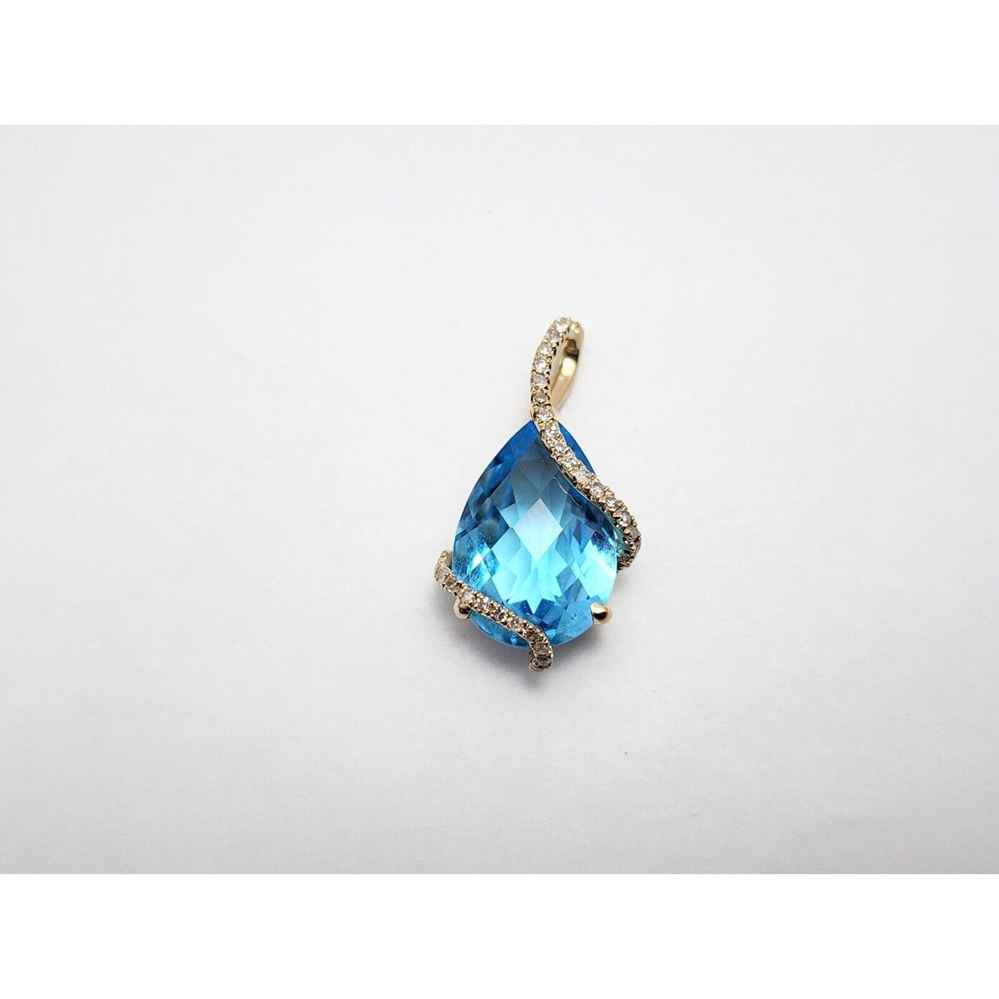 14K Yellow Gold Teardrop Blue Topaz & Diamond Drop Charm Pendant