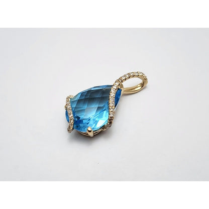 14K Yellow Gold Teardrop Blue Topaz & Diamond Drop Charm Pendant