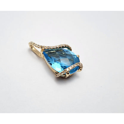 14K Yellow Gold Teardrop Blue Topaz & Diamond Drop Charm Pendant