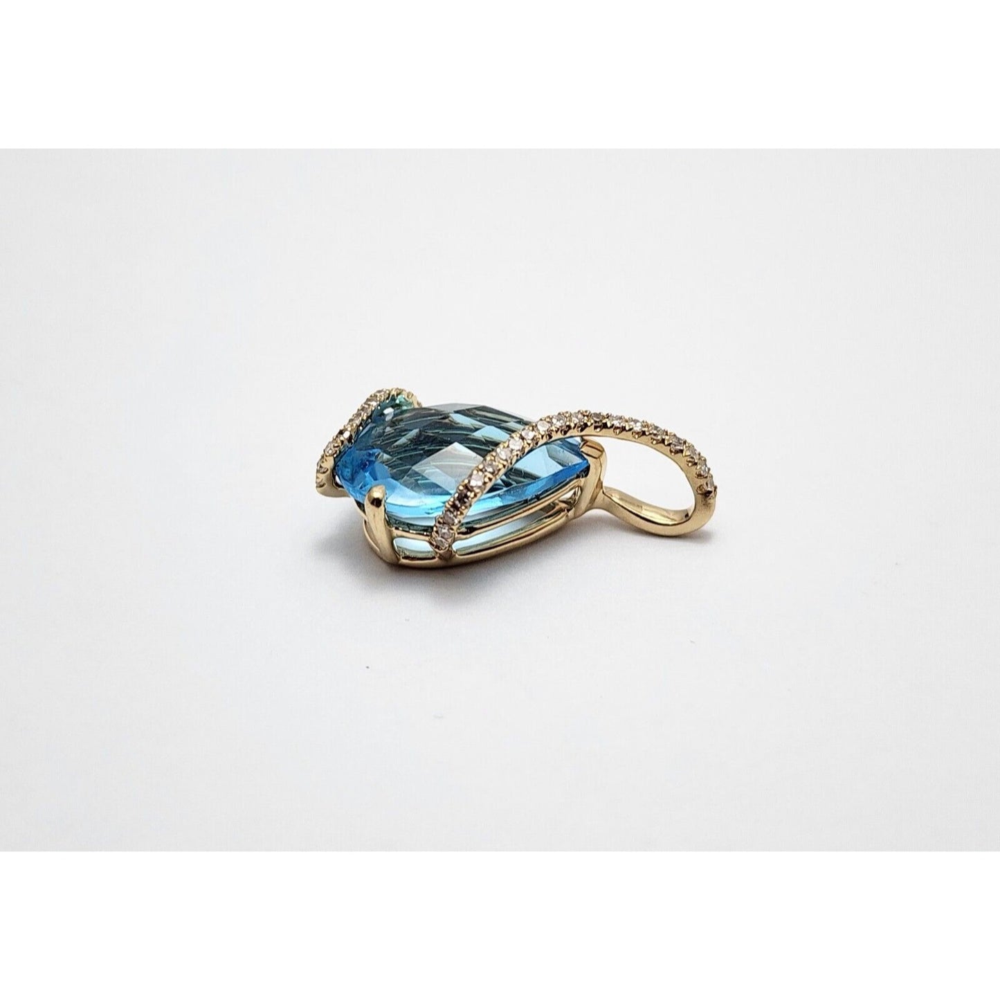 14K Yellow Gold Teardrop Blue Topaz & Diamond Drop Charm Pendant