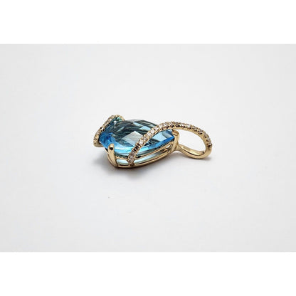 14K Yellow Gold Teardrop Blue Topaz & Diamond Drop Charm Pendant