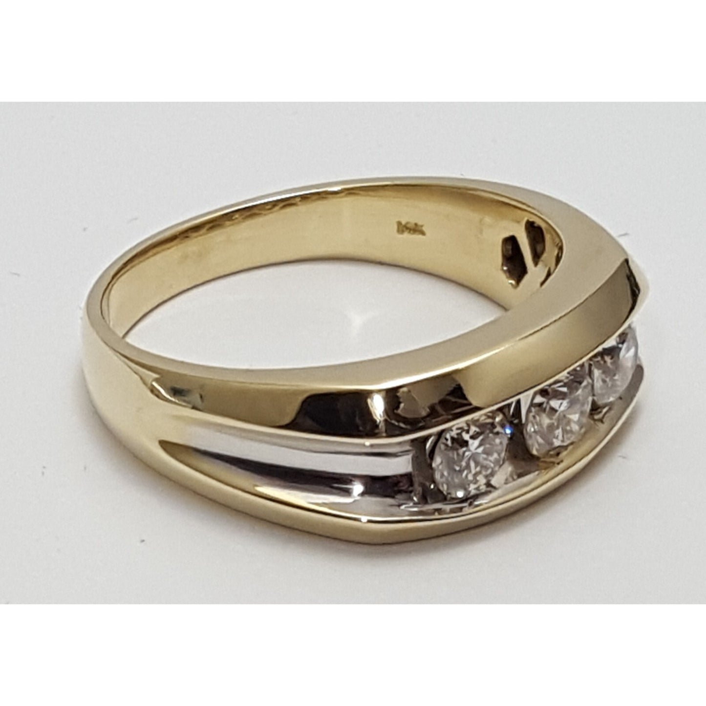 14K Two Tone Gold Channel Set Three Stone Diamond Mens Ring