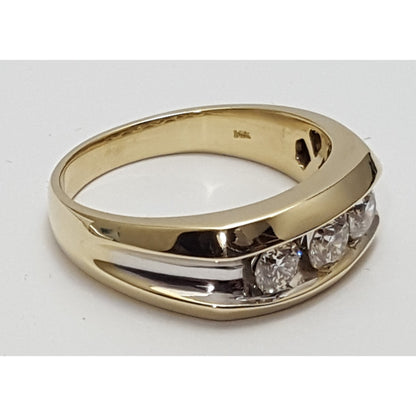 14K Two Tone Gold Channel Set Three Stone Diamond Mens Ring