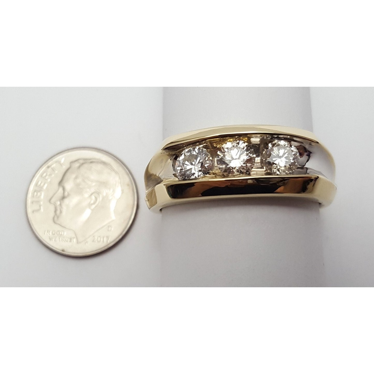 14K Two Tone Gold Channel Set Three Stone Diamond Mens Ring