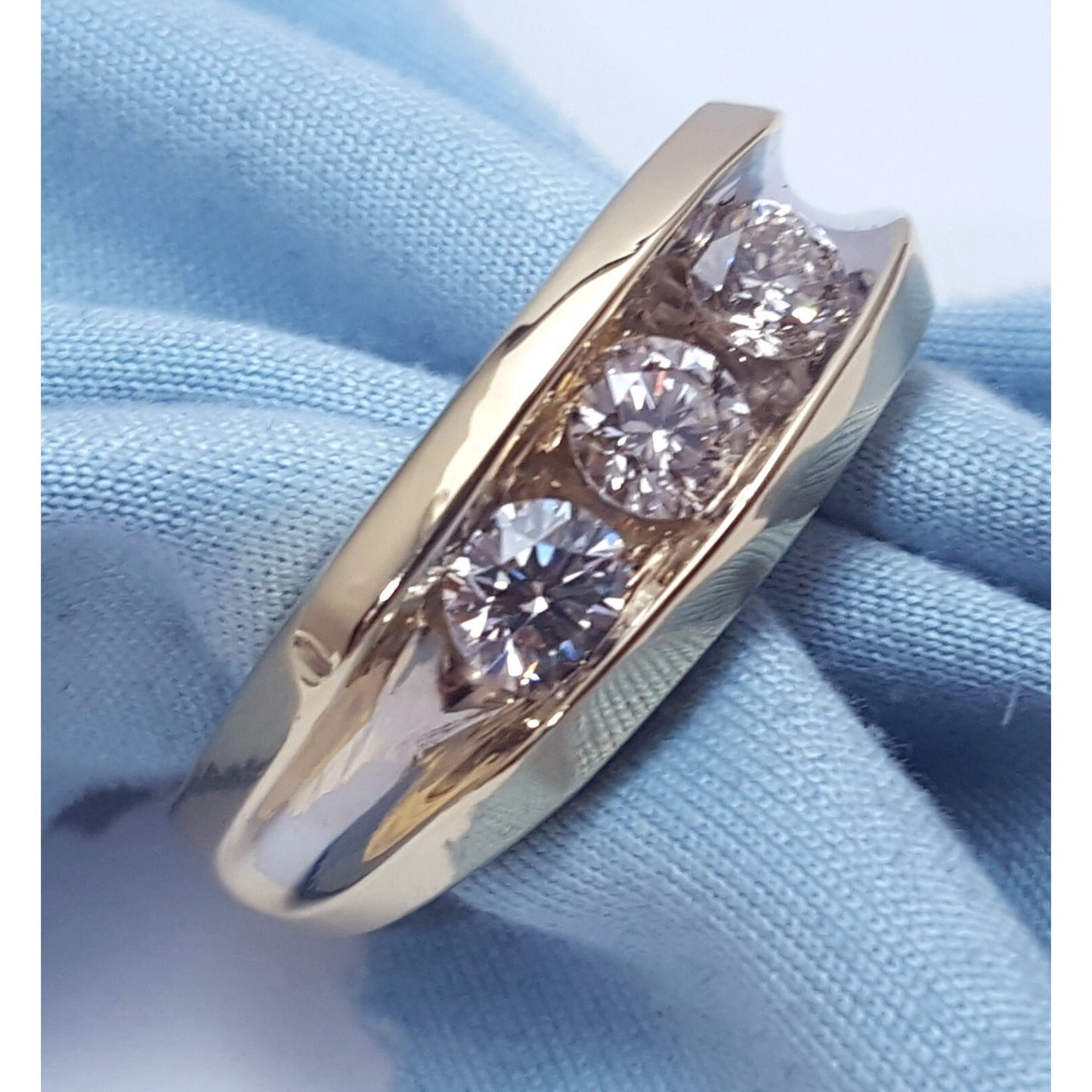 14K Two Tone Gold Channel Set Three Stone Diamond Mens Ring