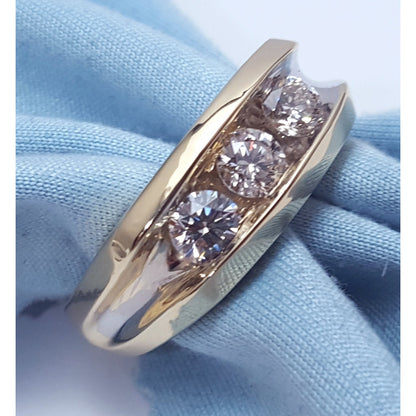 14K Two Tone Gold Channel Set Three Stone Diamond Mens Ring