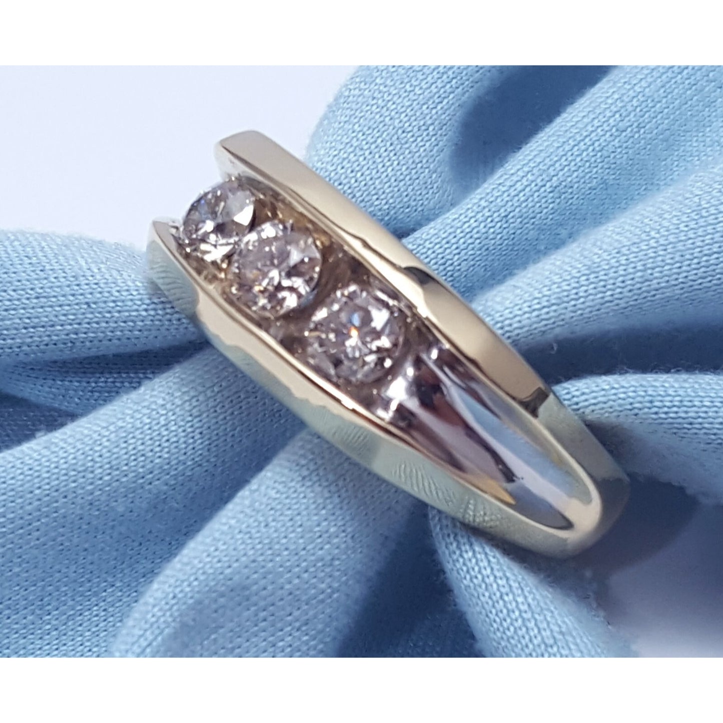 14K Two Tone Gold Channel Set Three Stone Diamond Mens Ring