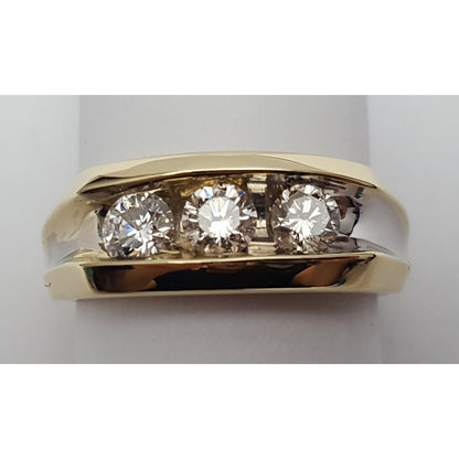 14K Two Tone Gold Channel Set Three Stone Diamond Mens Ring
