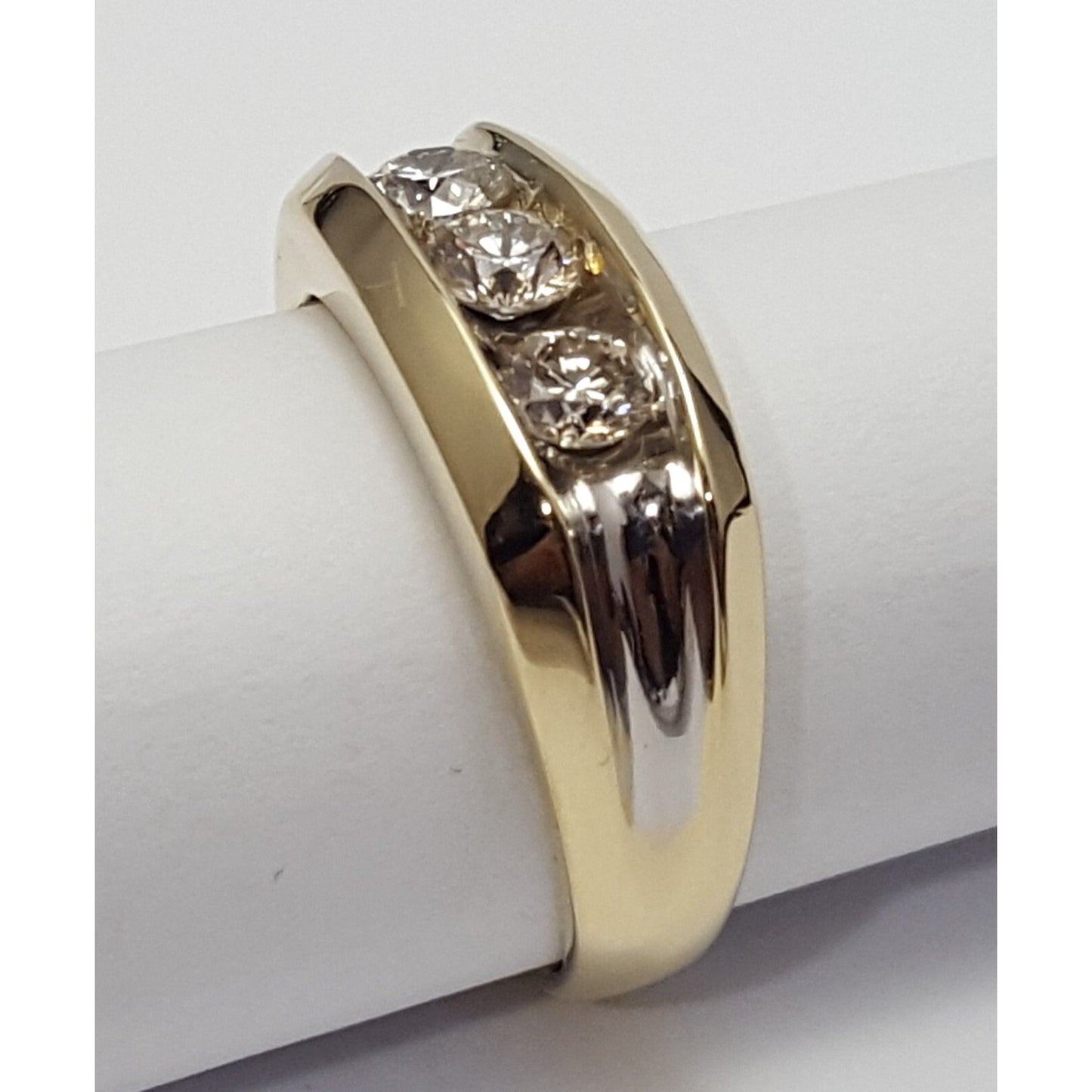 14K Two Tone Gold Channel Set Three Stone Diamond Mens Ring