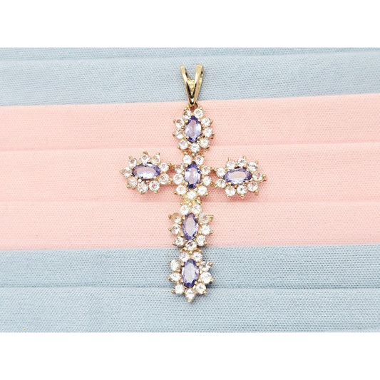 10K Yellow Gold Tanzanite & CZ Cross Pendant Charm