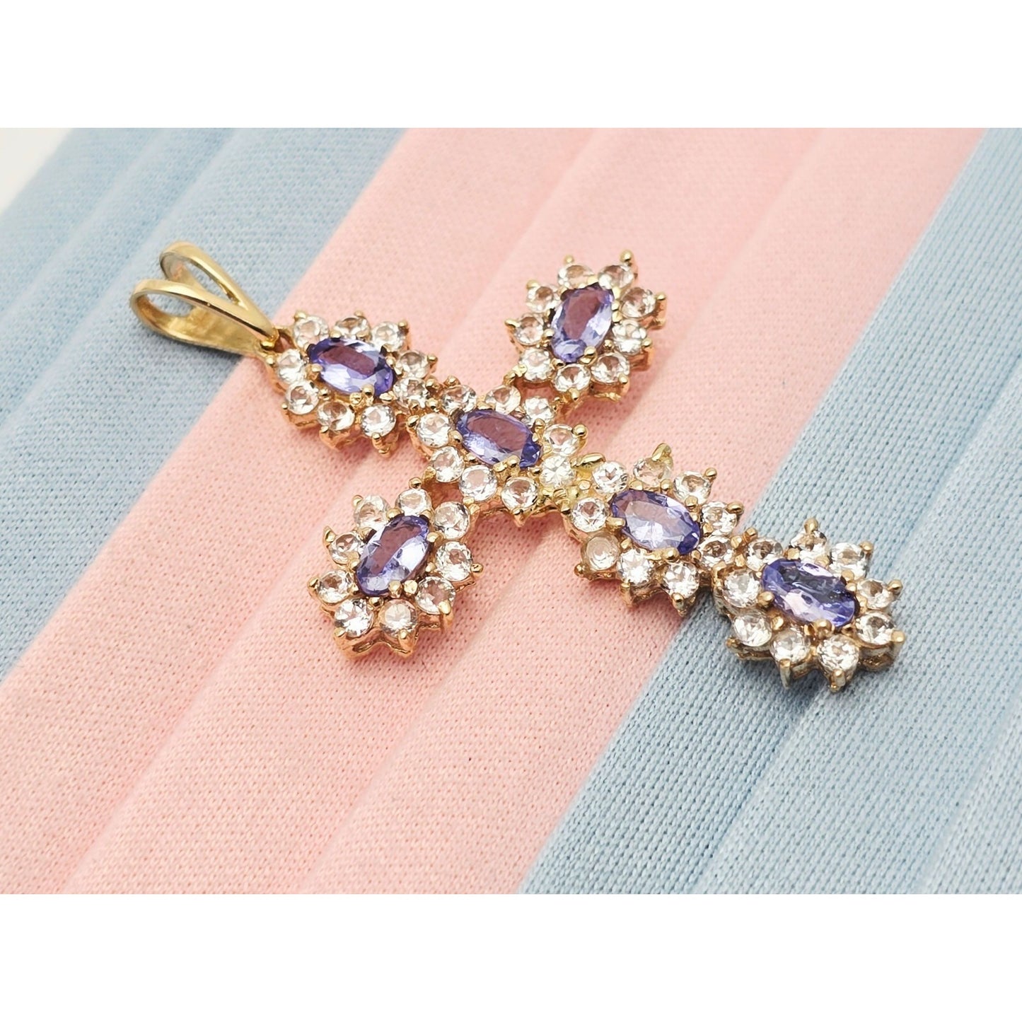 10K Yellow Gold Tanzanite & CZ Cross Pendant Charm