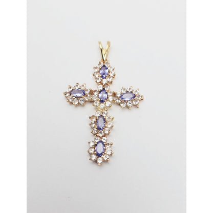 10K Yellow Gold Tanzanite & CZ Cross Pendant Charm