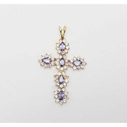10K Yellow Gold Tanzanite & CZ Cross Pendant Charm