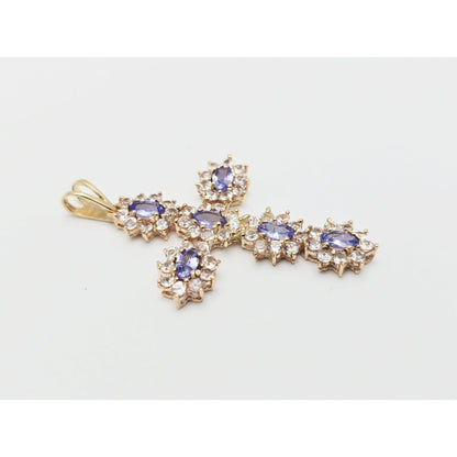 10K Yellow Gold Tanzanite & CZ Cross Pendant Charm