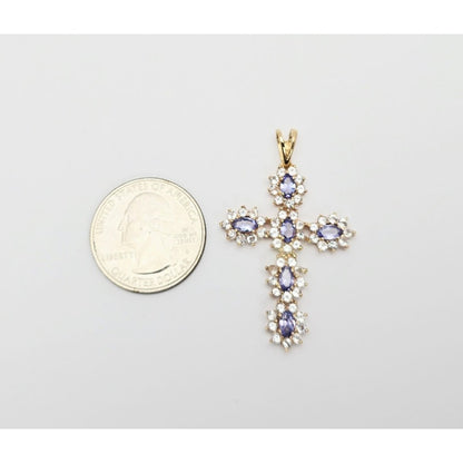 10K Yellow Gold Tanzanite & CZ Cross Pendant Charm