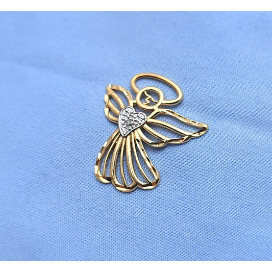 10K Two Tone Gold Diamond Angel Charm Pendant