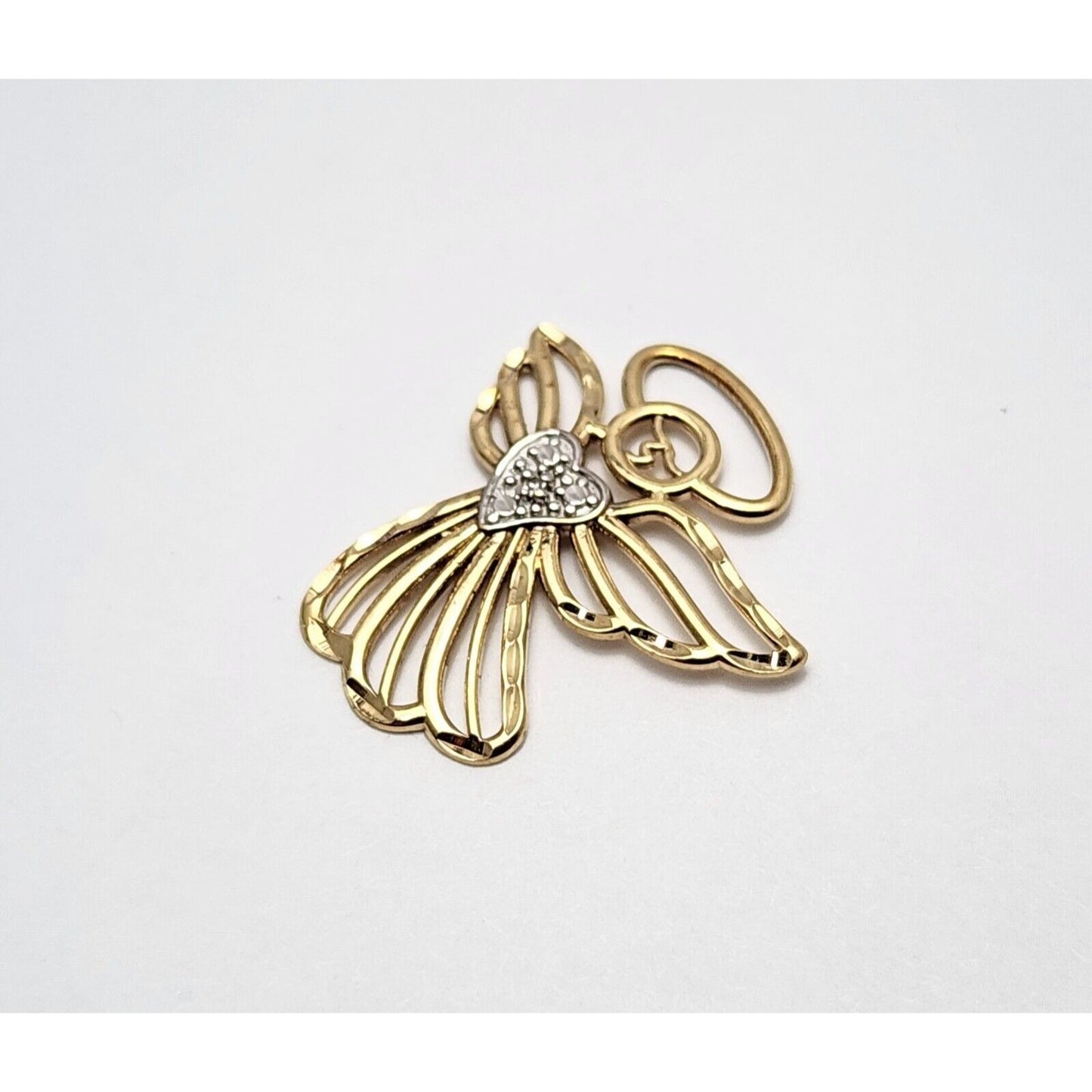 10K Two Tone Gold Diamond Angel Charm Pendant