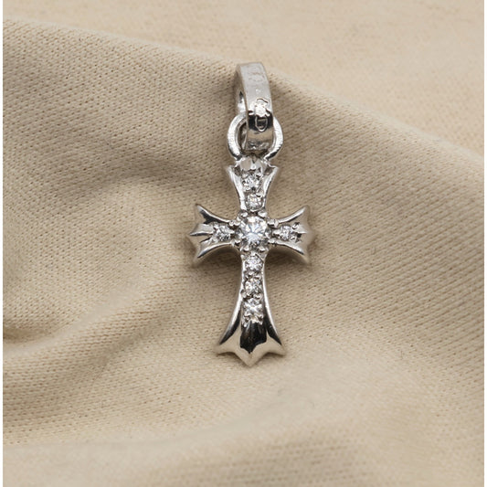 Chrome Hearts 18K White Gold Baby Fat Cross Pave Diamond Pendant Charm 2004