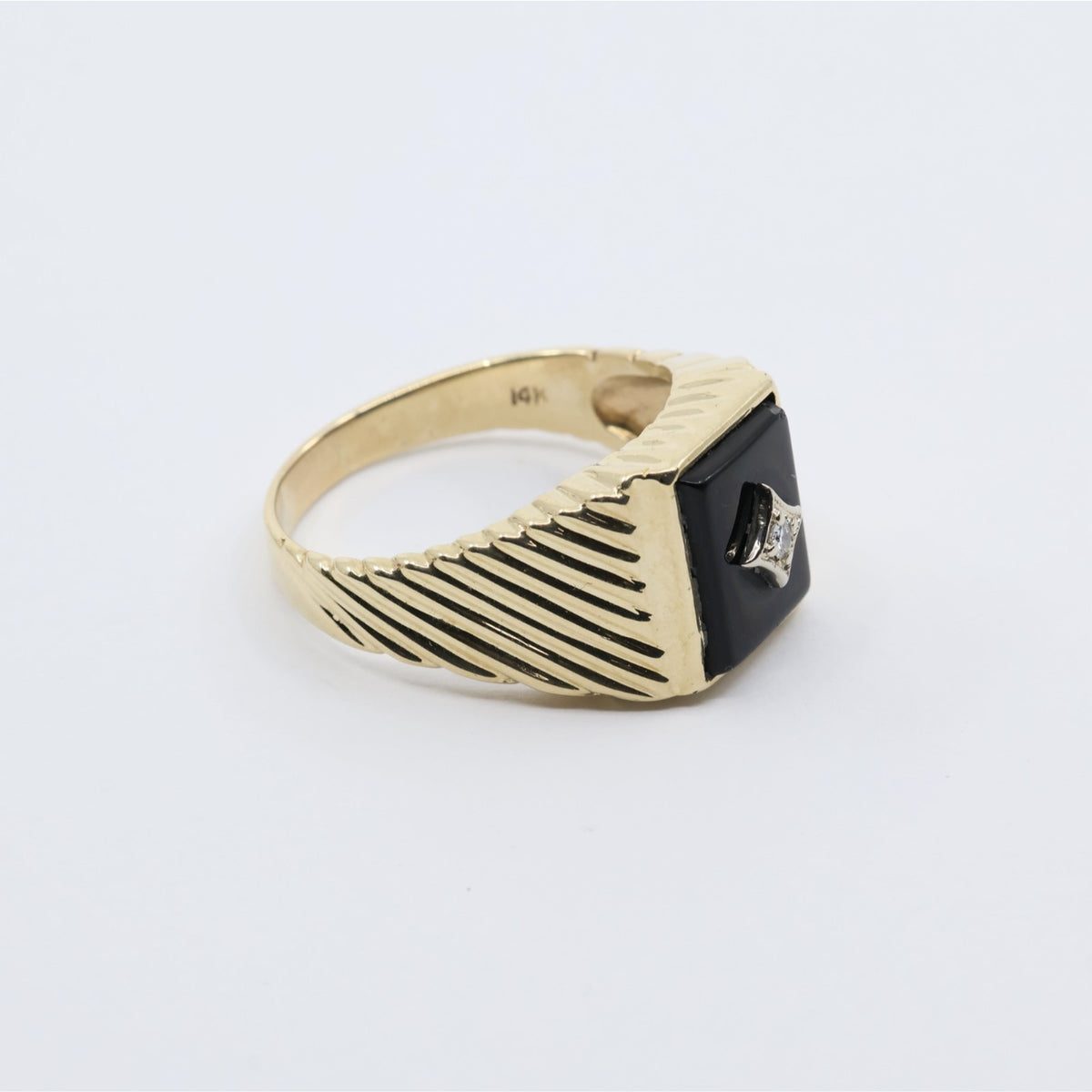13K Yellow Gold Signet Onyx & Diamond Textured Ring