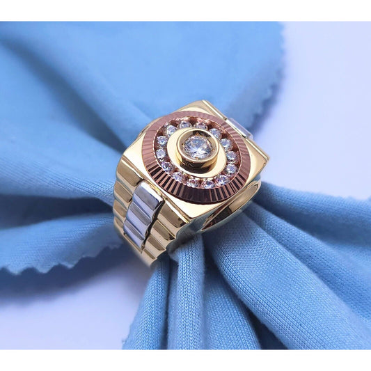 14K Solid Tri Tone Gold Rolex CZ Ring