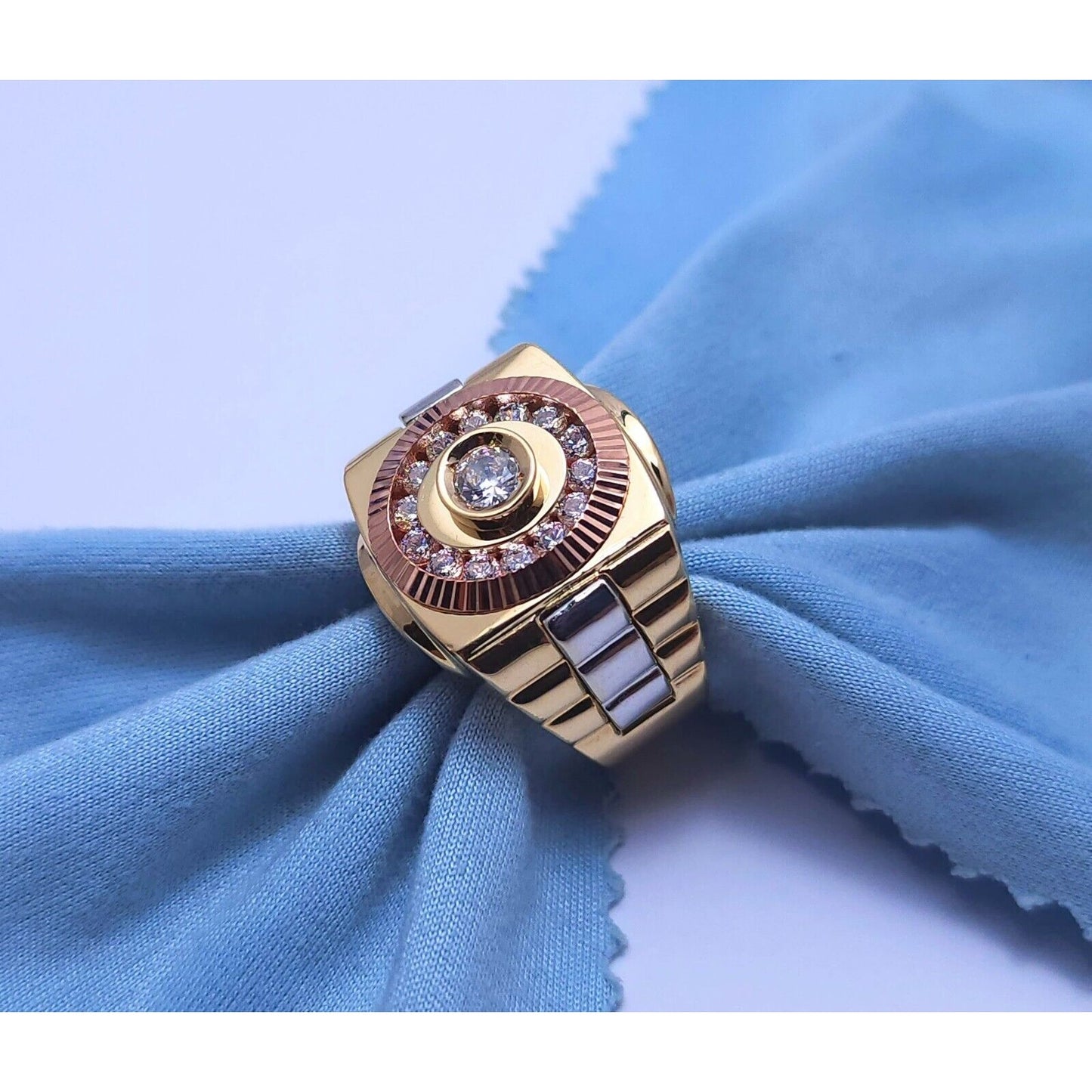 14K Solid Tri Tone Gold Rolex CZ Ring