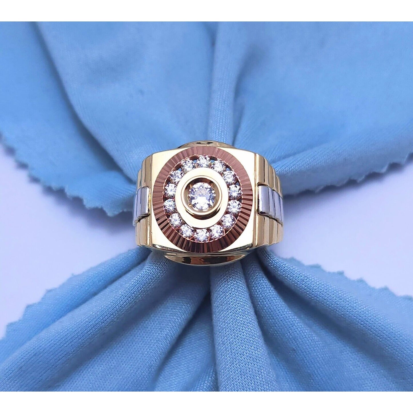 14K Solid Tri Tone Gold Rolex CZ Ring