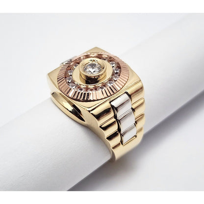 14K Solid Tri Tone Gold Rolex CZ Ring