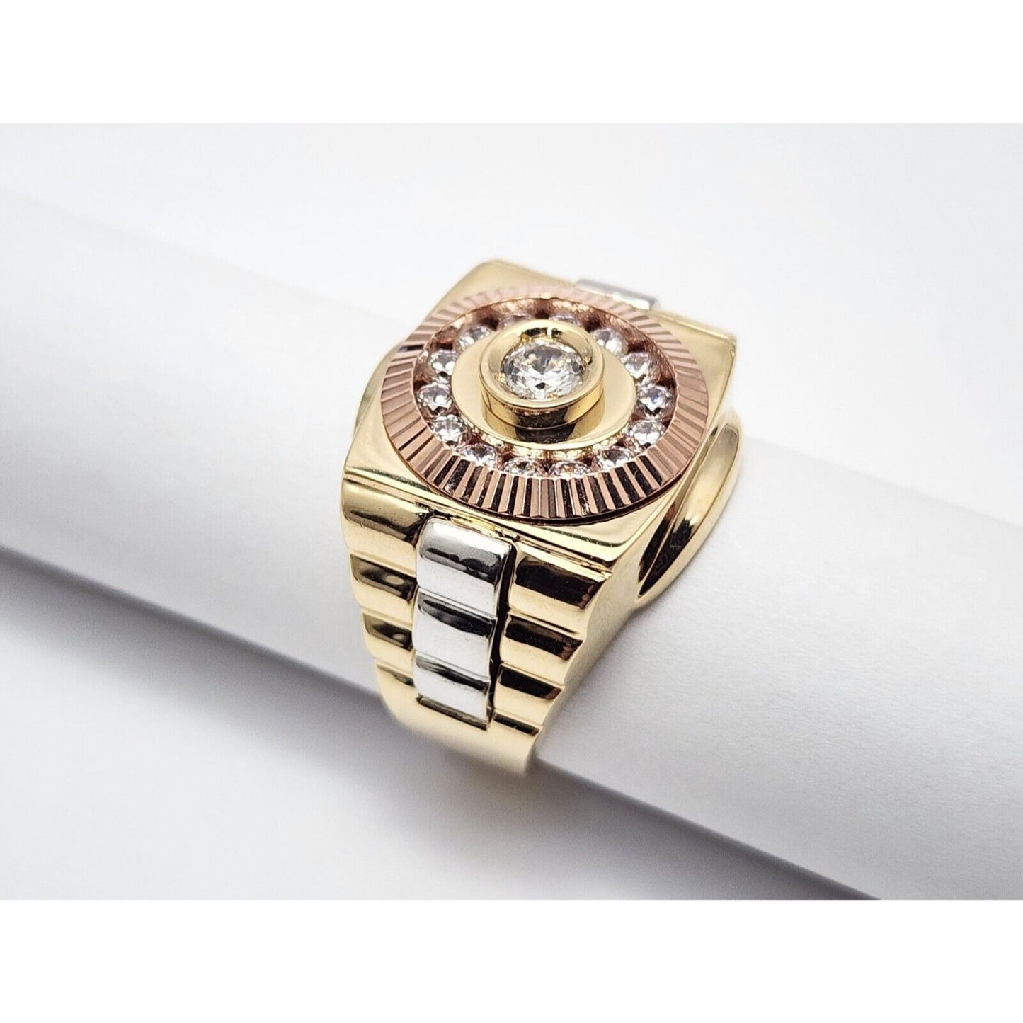 14K Solid Tri Tone Gold Rolex CZ Ring