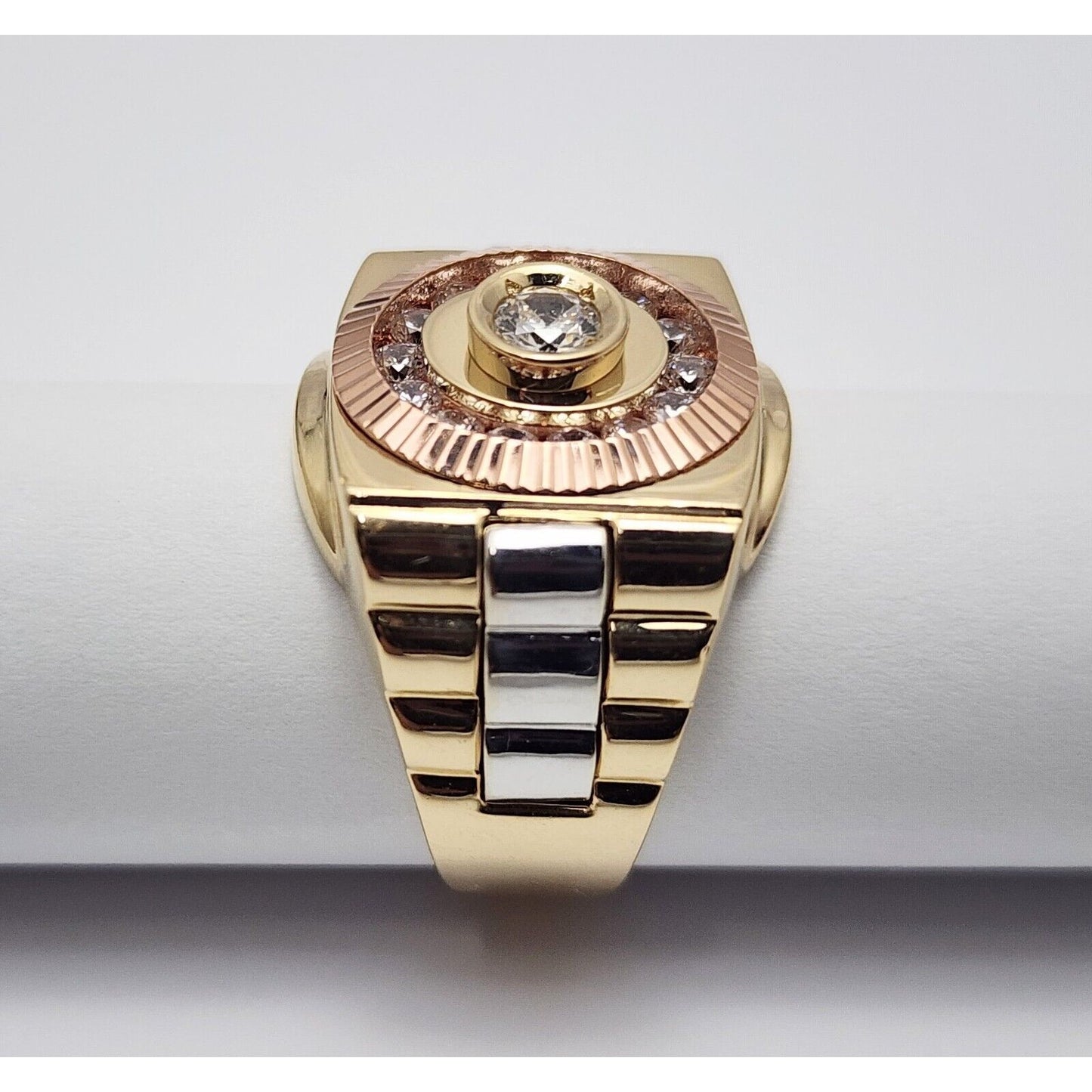 14K Solid Tri Tone Gold Rolex CZ Ring