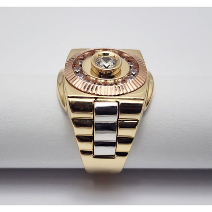 14K Solid Tri Tone Gold Rolex CZ Ring