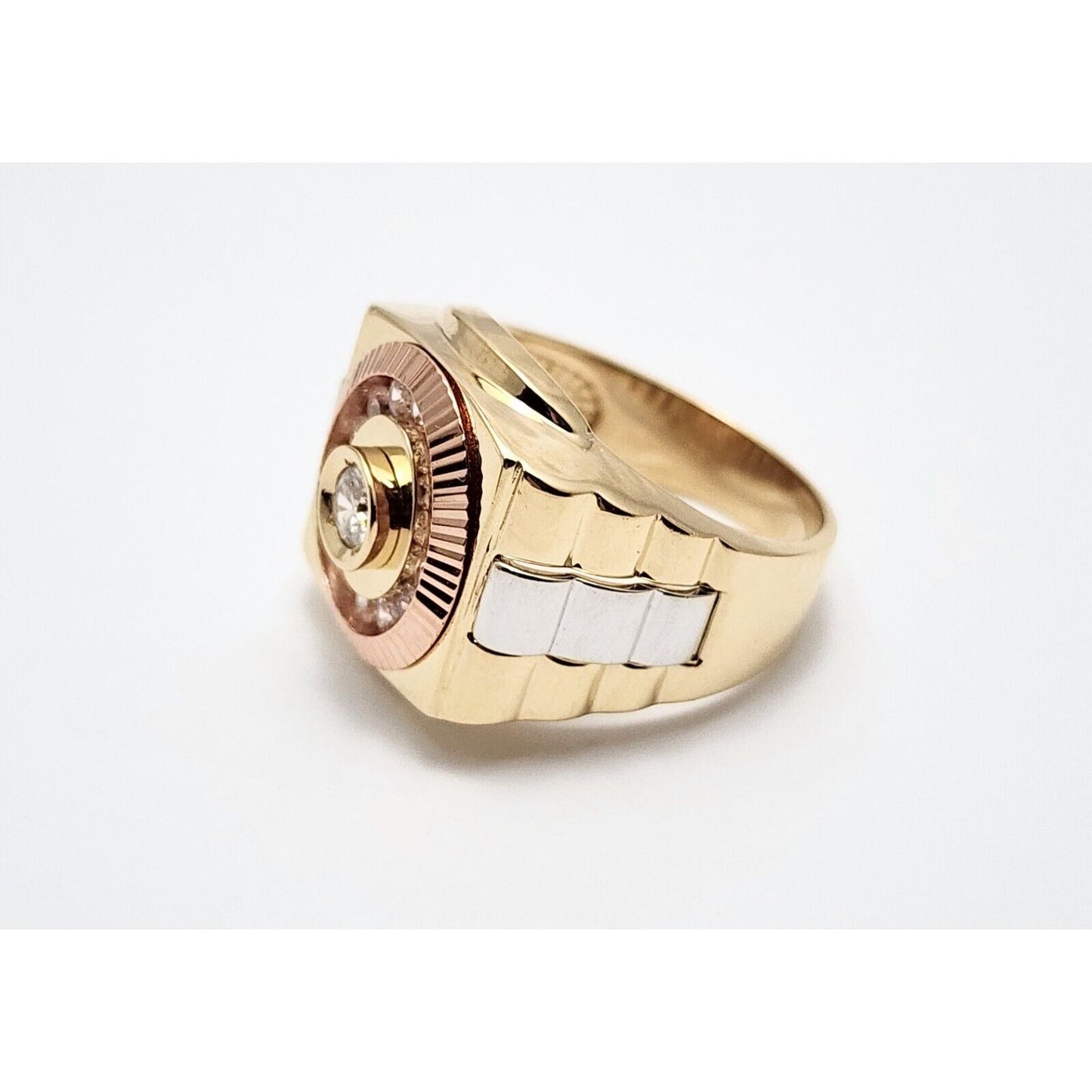 14K Solid Tri Tone Gold Rolex CZ Ring