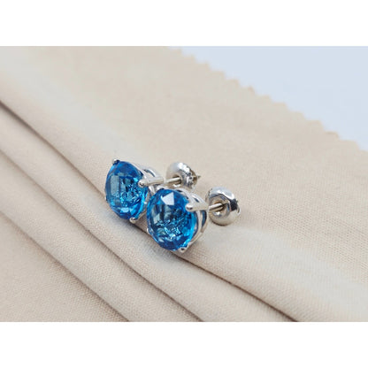 14K White Gold Round Blue Topaz Stud Earrings