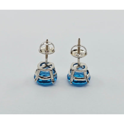 14K White Gold Round Blue Topaz Stud Earrings