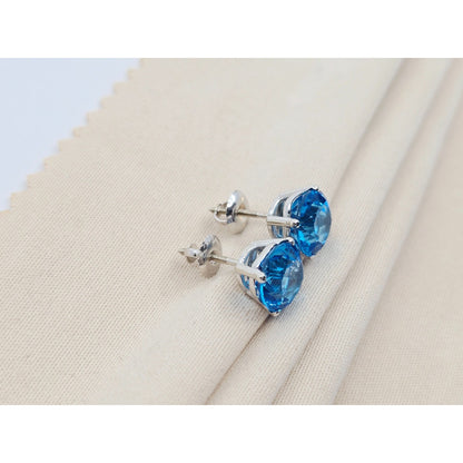 14K White Gold Round Blue Topaz Stud Earrings