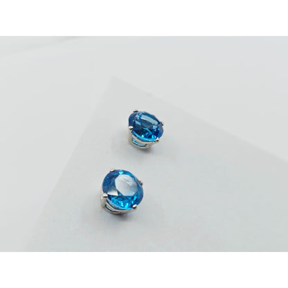 14K White Gold Round Blue Topaz Stud Earrings