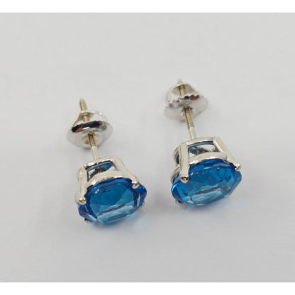 14K White Gold Round Blue Topaz Stud Earrings