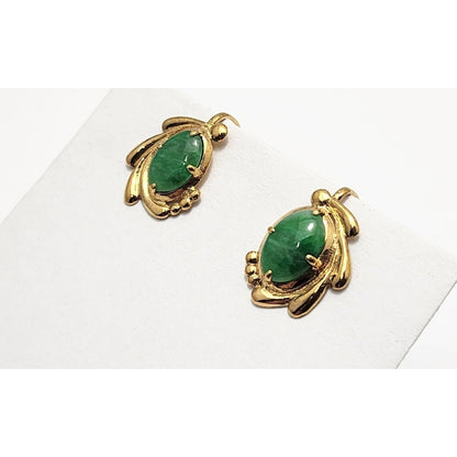 14K Yellow Gold Hinged Screw Back Non-Pierced Jade Jadeite Earrings