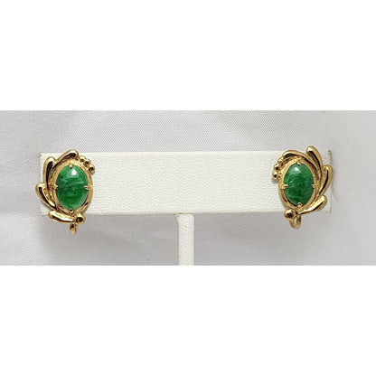 14K Yellow Gold Hinged Screw Back Non-Pierced Jade Jadeite Earrings