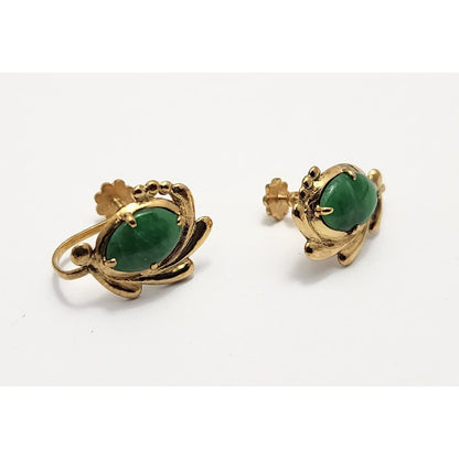 14K Yellow Gold Hinged Screw Back Non-Pierced Jade Jadeite Earrings