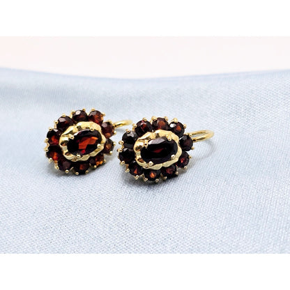 18K Yellow Gold Garnet Flower Hinged Earrings