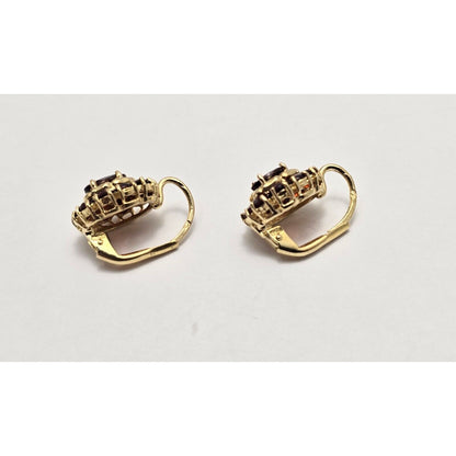 18K Yellow Gold Garnet Flower Hinged Earrings
