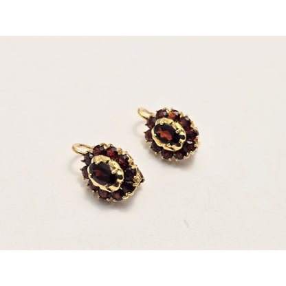 18K Yellow Gold Garnet Flower Hinged Earrings