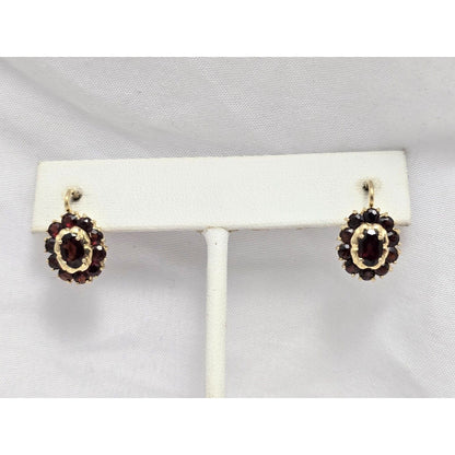 18K Yellow Gold Garnet Flower Hinged Earrings